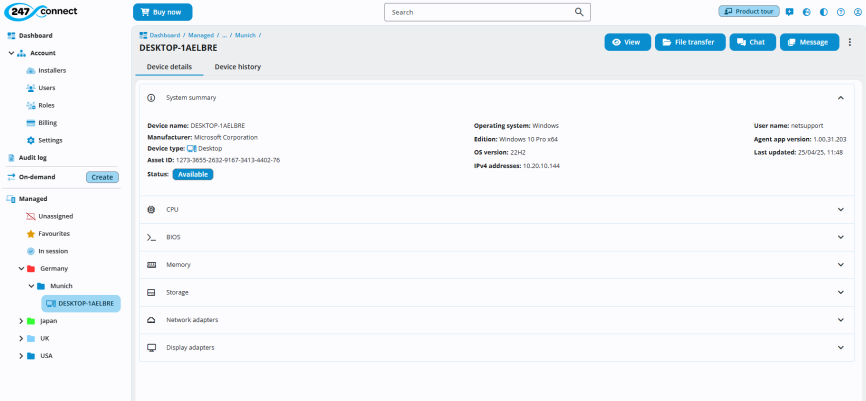 Web Portal showing a select device under the Munich device group. The top section includes system summary information such as Device name, Manufacturer, Device type, Asset ID, Status, Operating system, version, IPv4 address, User name, Agent app version and Last updated timestamp. Tabs for Device details and Device history are shown. Expandable sections include CPU, BIOS, Memory, Storage, Network adapters and Display adapters. Action buttons at the top right include View, File transfer, Chat and Message. 